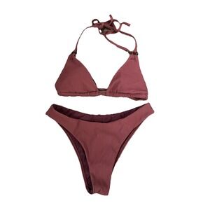Berlook String Bikini Set XS Triangle Top Cheeky Bottoms NWT Brown Ribbed Padded